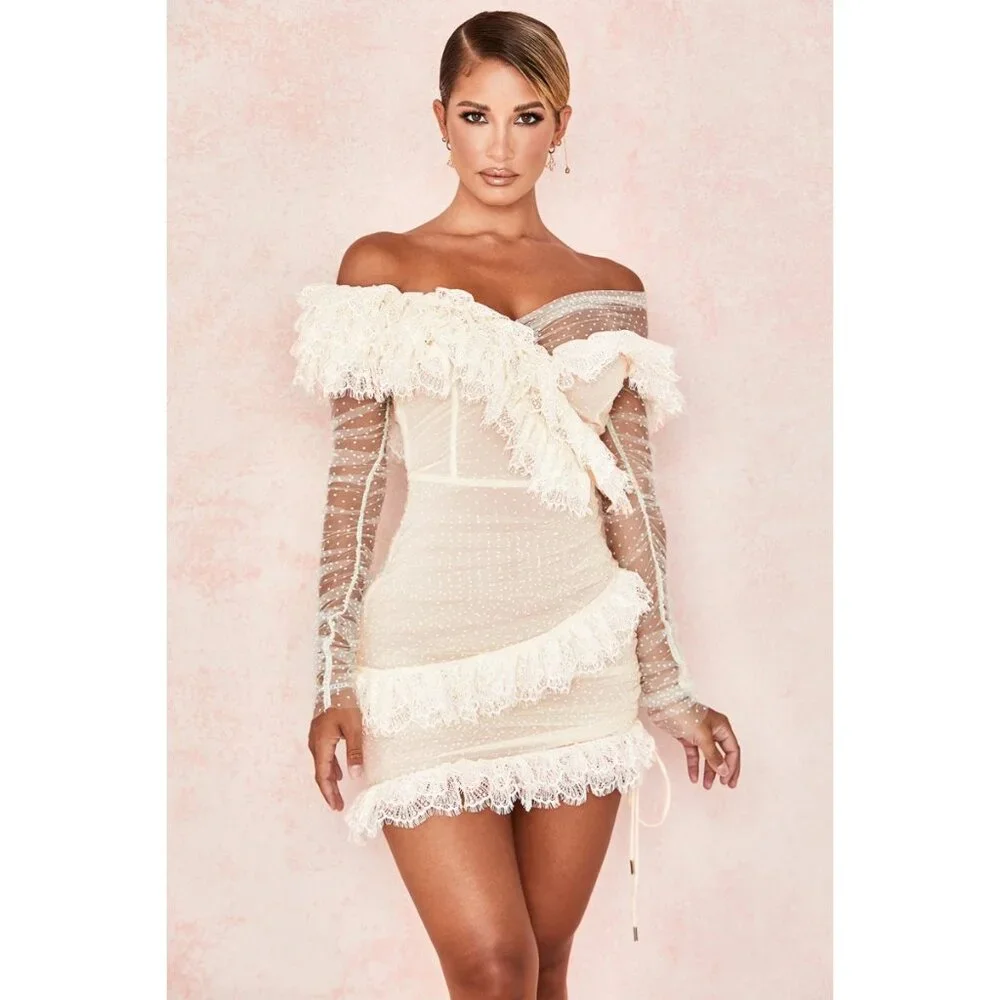 NWT House of CB ‘Sorrel’ Ivory Lace Frill Tulle Asymmetric Minidress NEW W TAGS